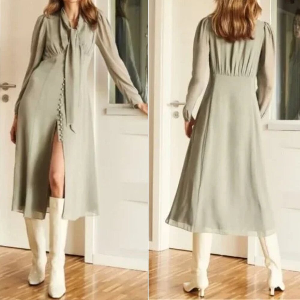 Aritzia Wilfred Mambo Dress Midi Victorian Button Down Tie US 8 Sage Green